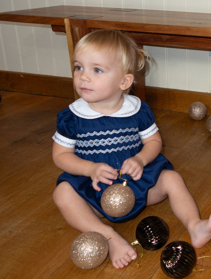 Navy Blue Hand Smocked REGAL Romper