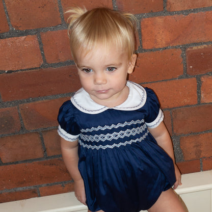 Navy Blue Hand Smocked REGAL Romper