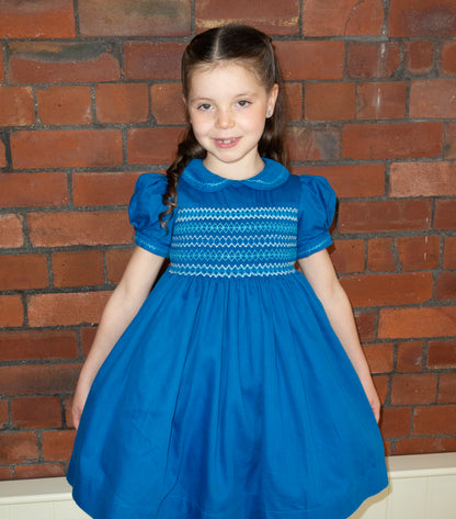 Hand smocked CHARLIE dress in Royal blue