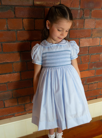 Hand smocked CHARLIE dress soft blue