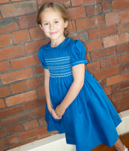 Hand smocked CHARLIE dress in Royal blue