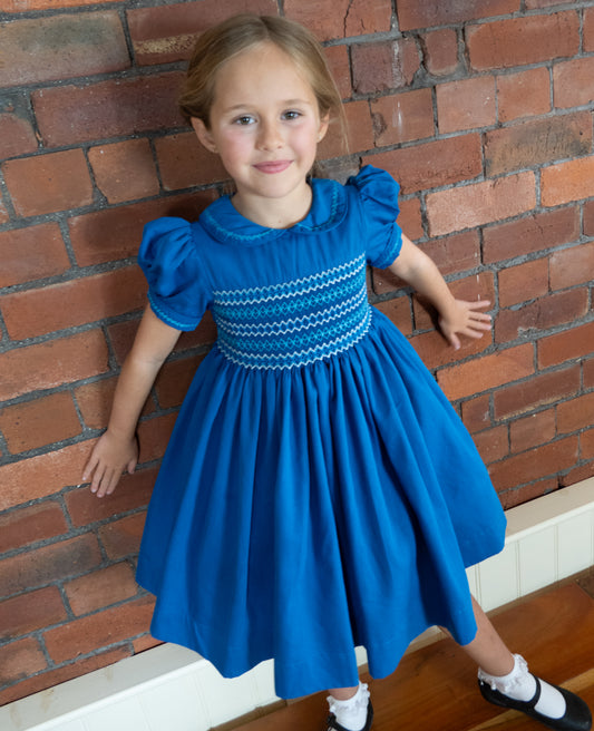 Hand smocked CHARLIE dress in Royal blue