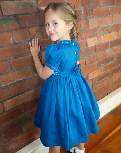 Hand smocked CHARLIE dress in Royal blue