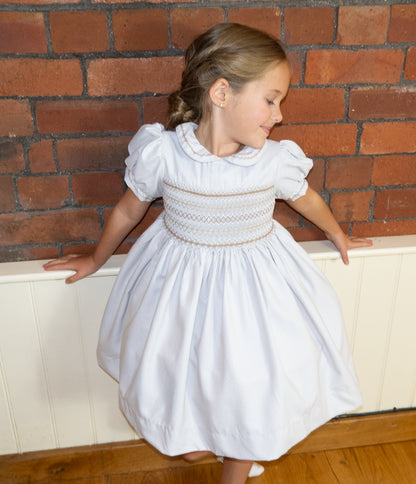 Hand smocked CHARLIE dress soft beige