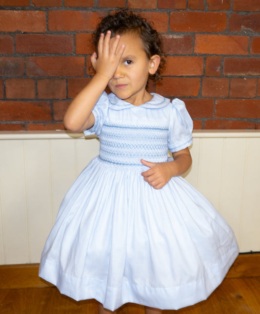 Hand smocked CHARLIE dress soft blue