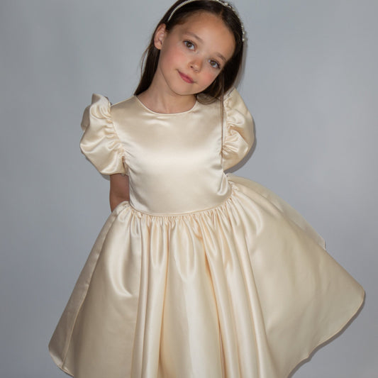 Champagne satin puff sleeved occasion dress