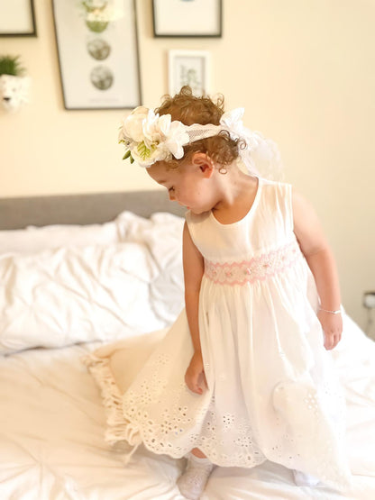 Hand smocked linen and Broderie anglaise dress